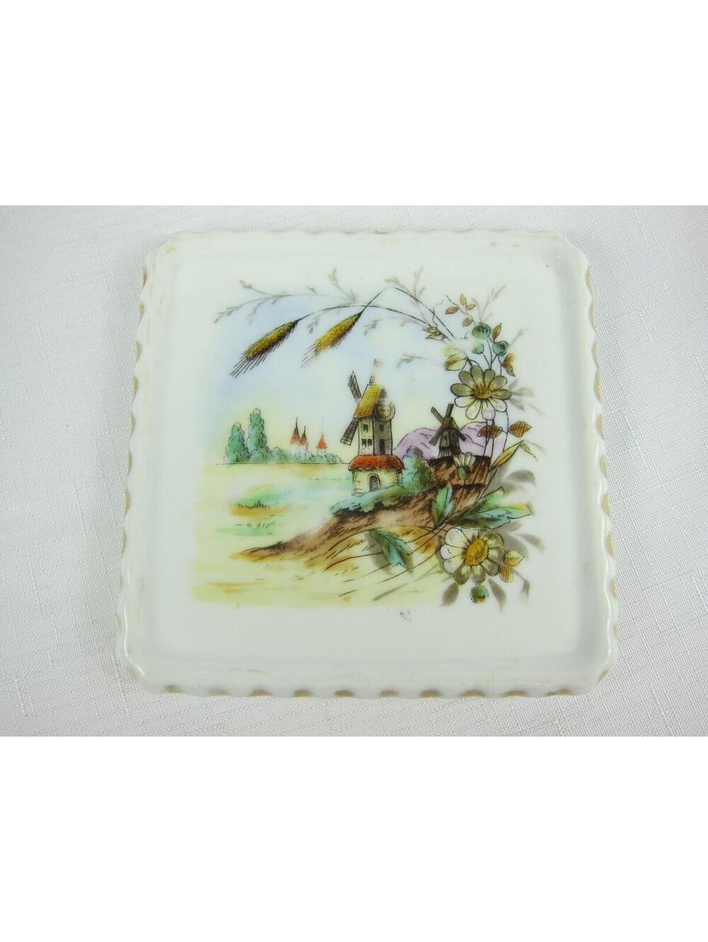 Antique Ceramic Trivet Windmill Daisies Flowers Wheat Trees Purple Mountains